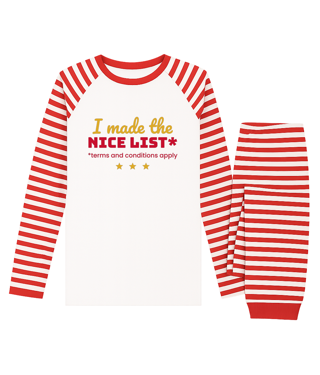 Kids' I Made The Nice List Christmas pyjamas, white top with red striped sleeves and striped bottoms