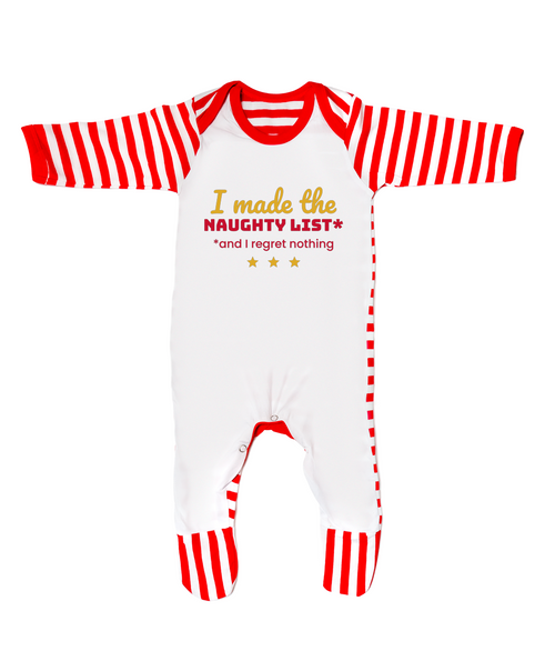 I Made The Naughty List baby Christmas sleepsuit, white with red striped sleeves and legs
