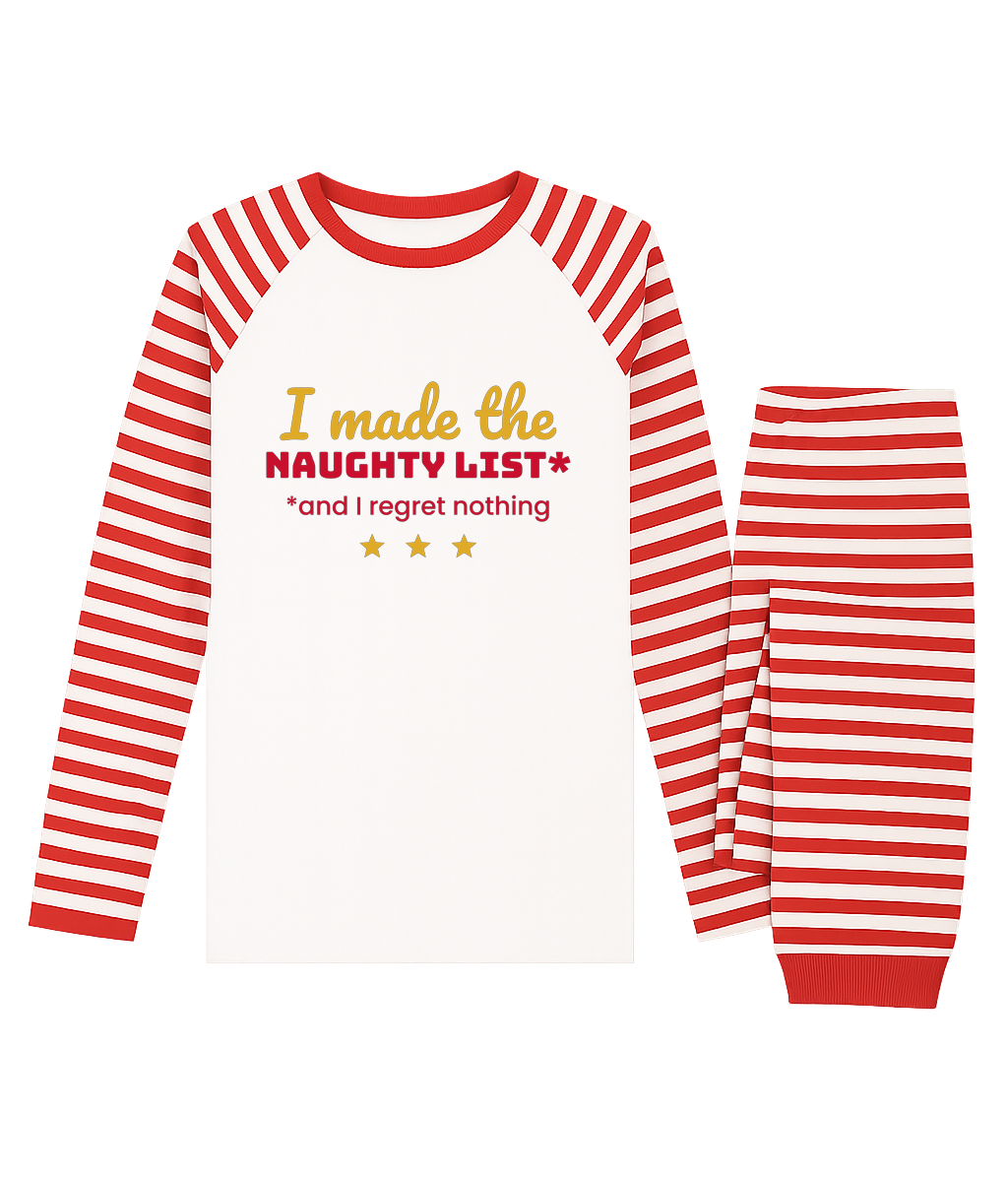 I Made The Naughty List adult Christmas pyjamas, white top with red striped sleeves and striped bottoms